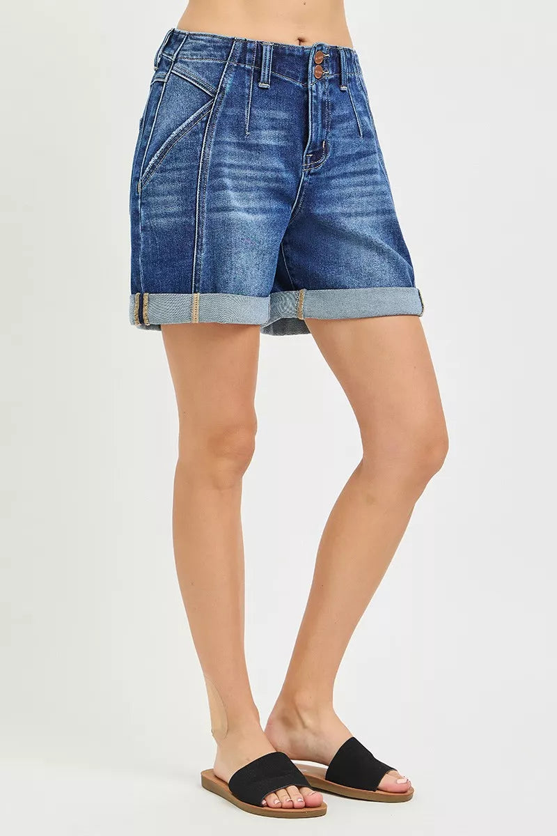 High-rise double-button seamed cuffed denim shorts