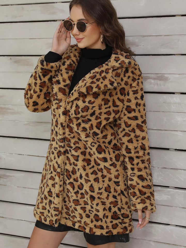 Leopard print fuzzy teddy coat with lapel collar