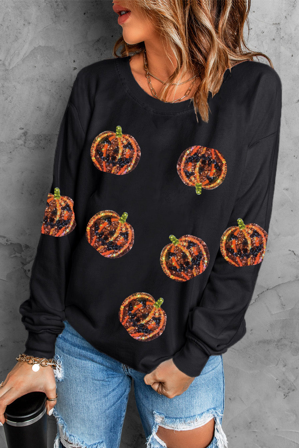 Black Sequin pumpkin patch drop shoulder crew neck sweatshirt