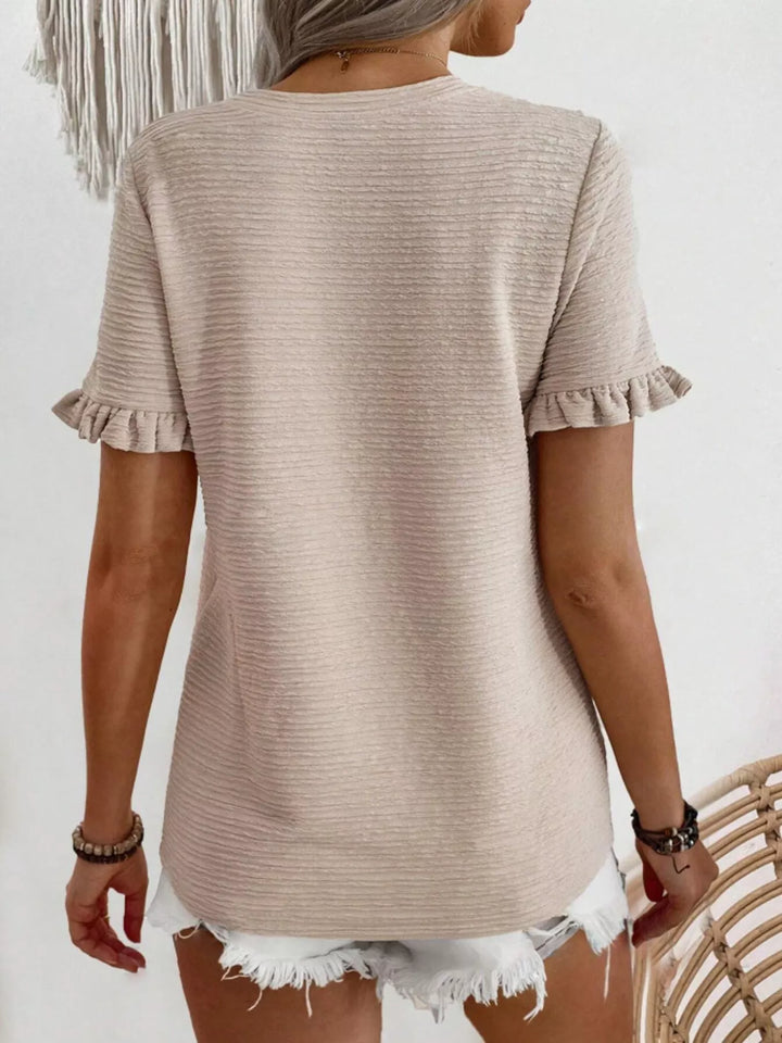 Ruffle-cuff crew neck top with crinkle texture