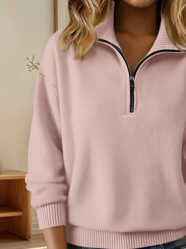 Half-zip dropped-shoulder knit sweater with ribbed collar