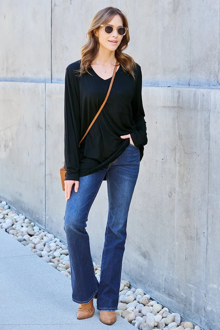 V-neck long sleeve top with chest pocket