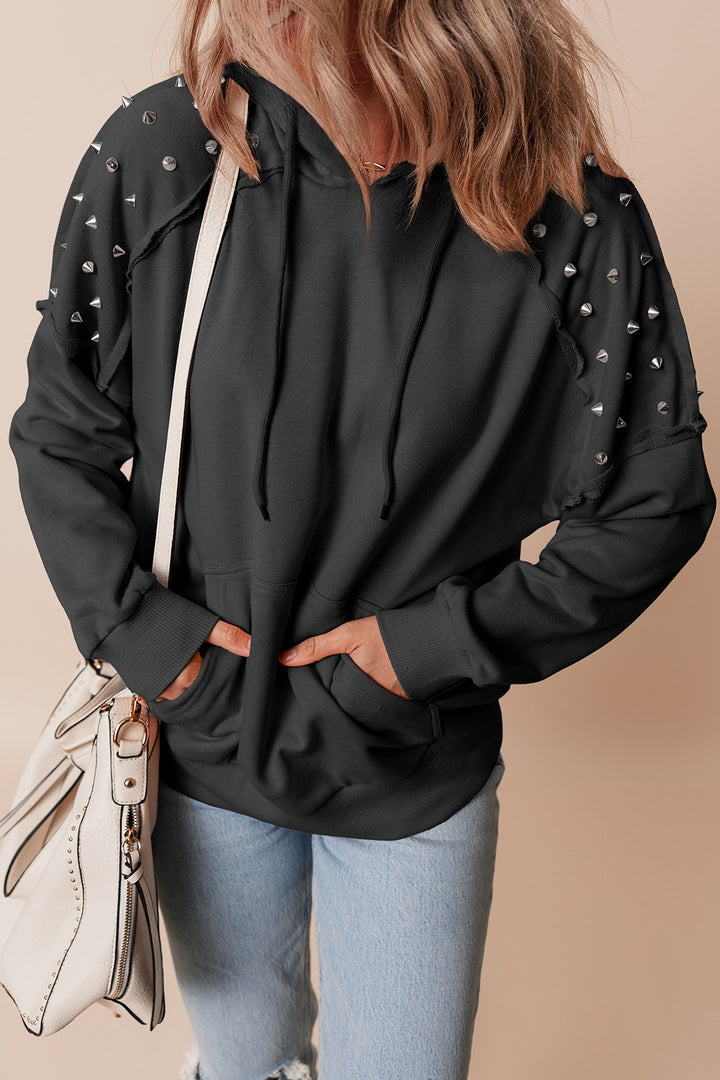 Studded exposed-seam drawstring pullover hoodie