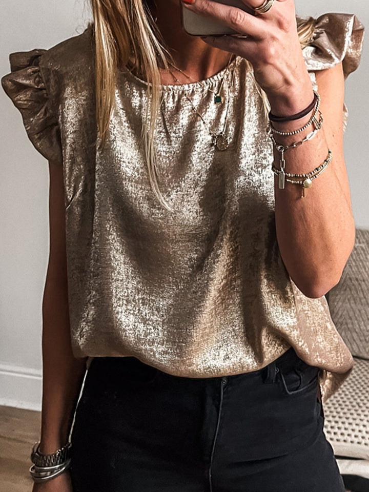 Gold Metallic ruffle cap sleeve round neck top