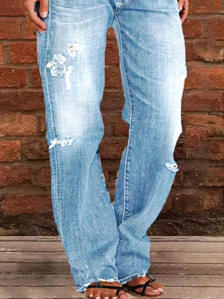 Distressed straight-leg jeans with raw frayed hem