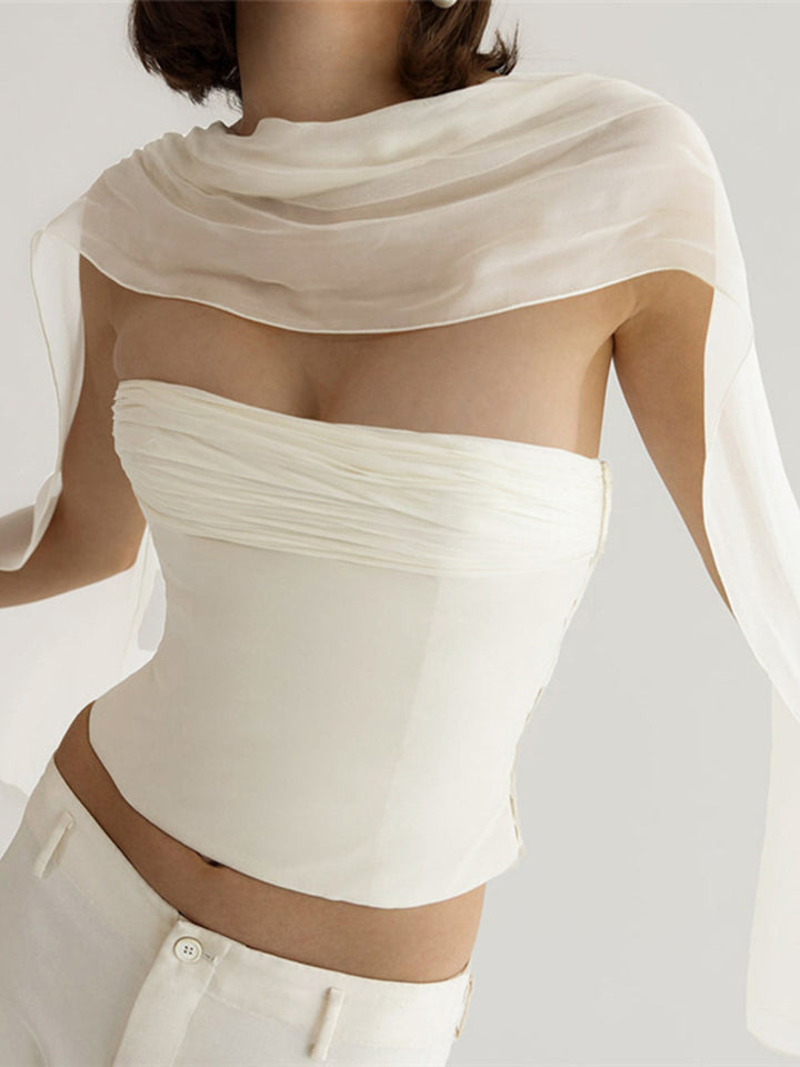 White Ruched strapless tube top with flowing sheer scarf