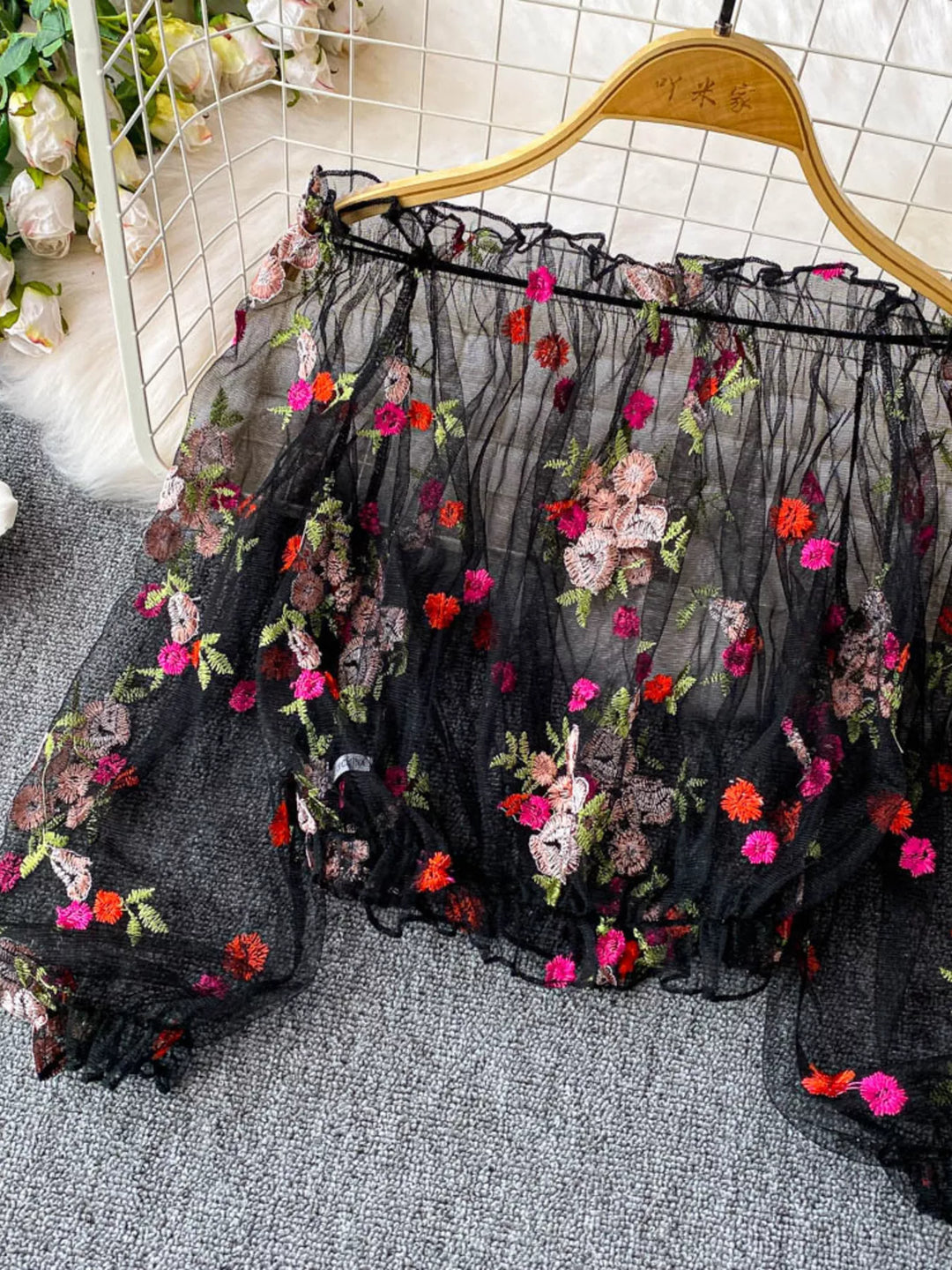 Floral embroidered off-shoulder mesh crop top with puff sleeves