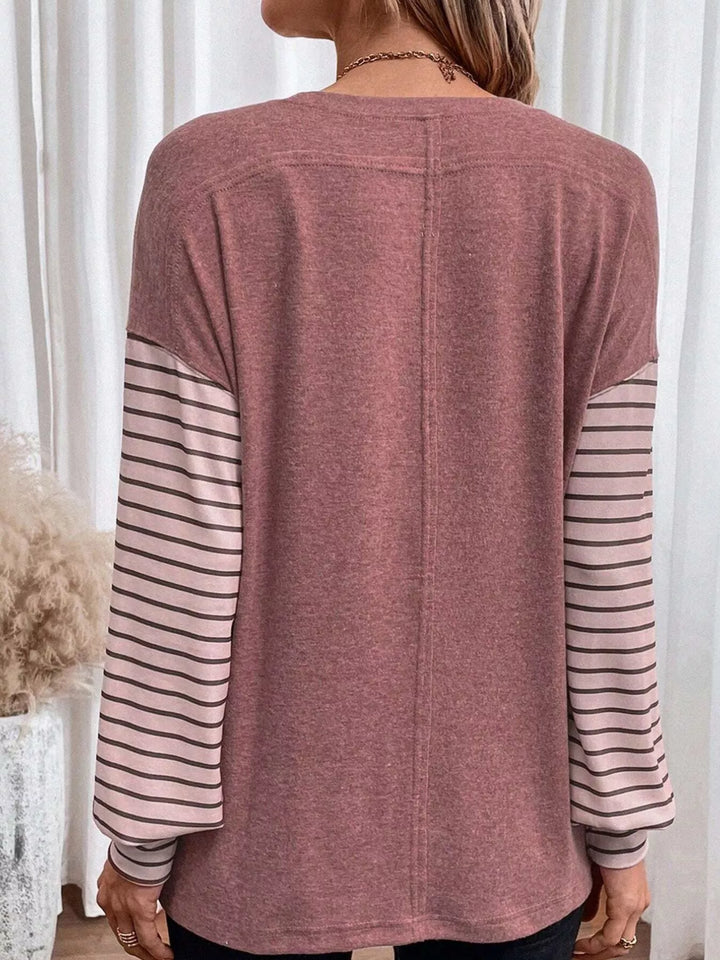 Color block striped long sleeve crew neck top