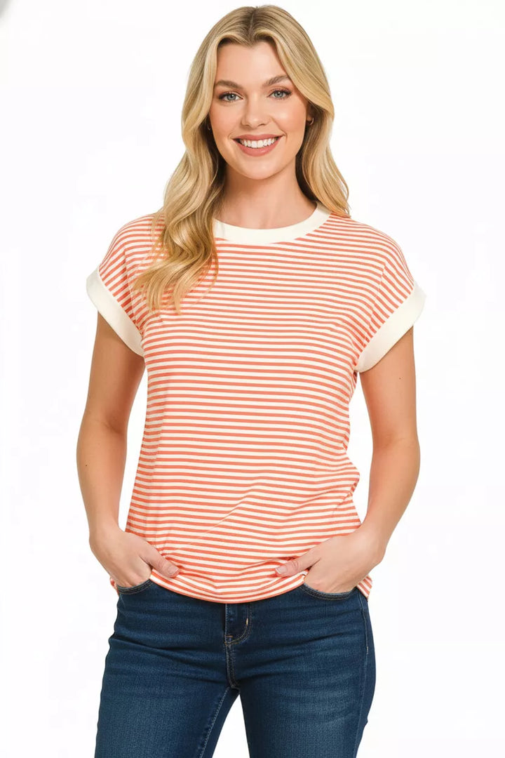 Striped round neck tee with contrast trim and cuffed sleeves