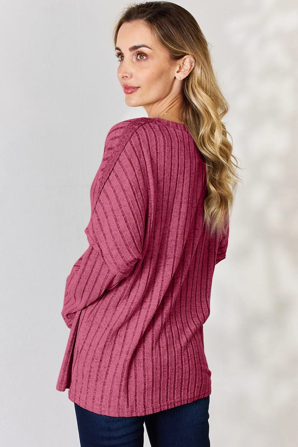 Ribbed knit half-button henley long sleeve top