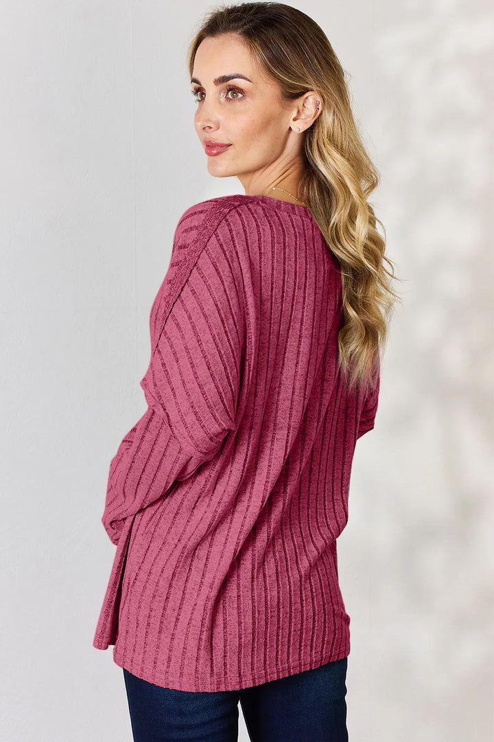 Ribbed knit half-button henley long sleeve top