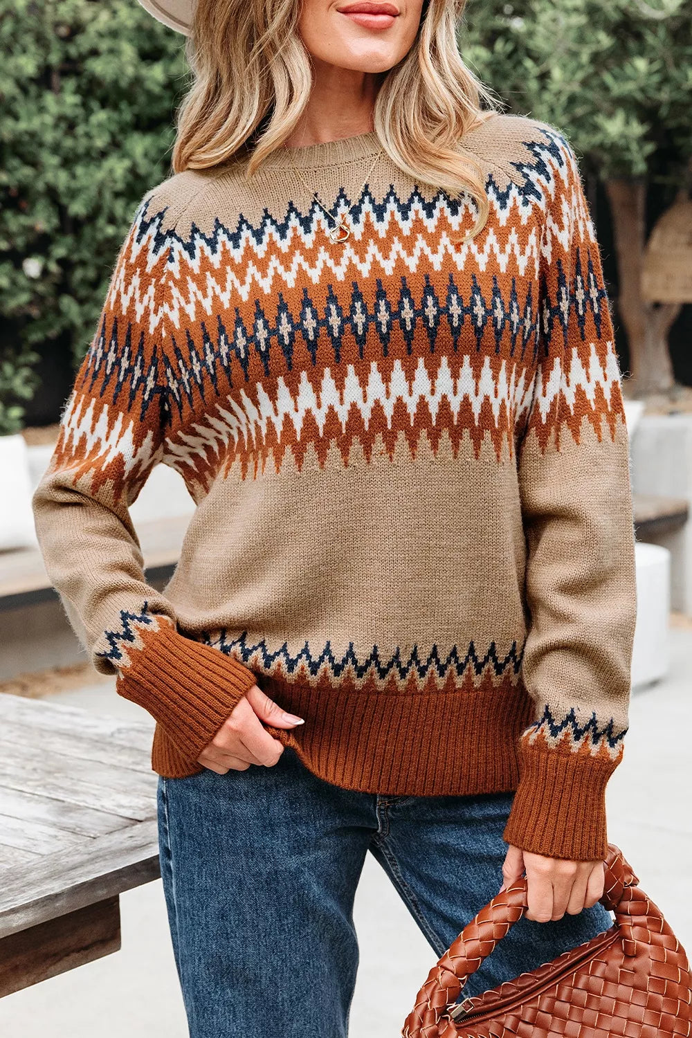 Taupe Geometric zigzag knit crew neck pullover sweater