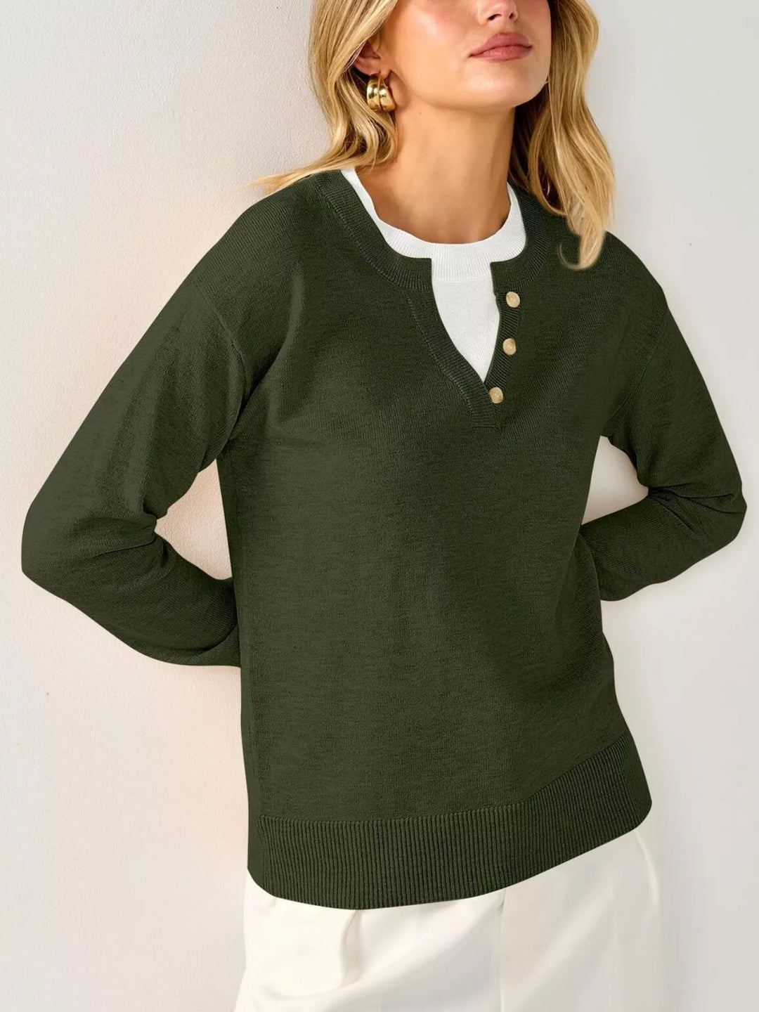 Notch neck button-trim drop shoulder sweater