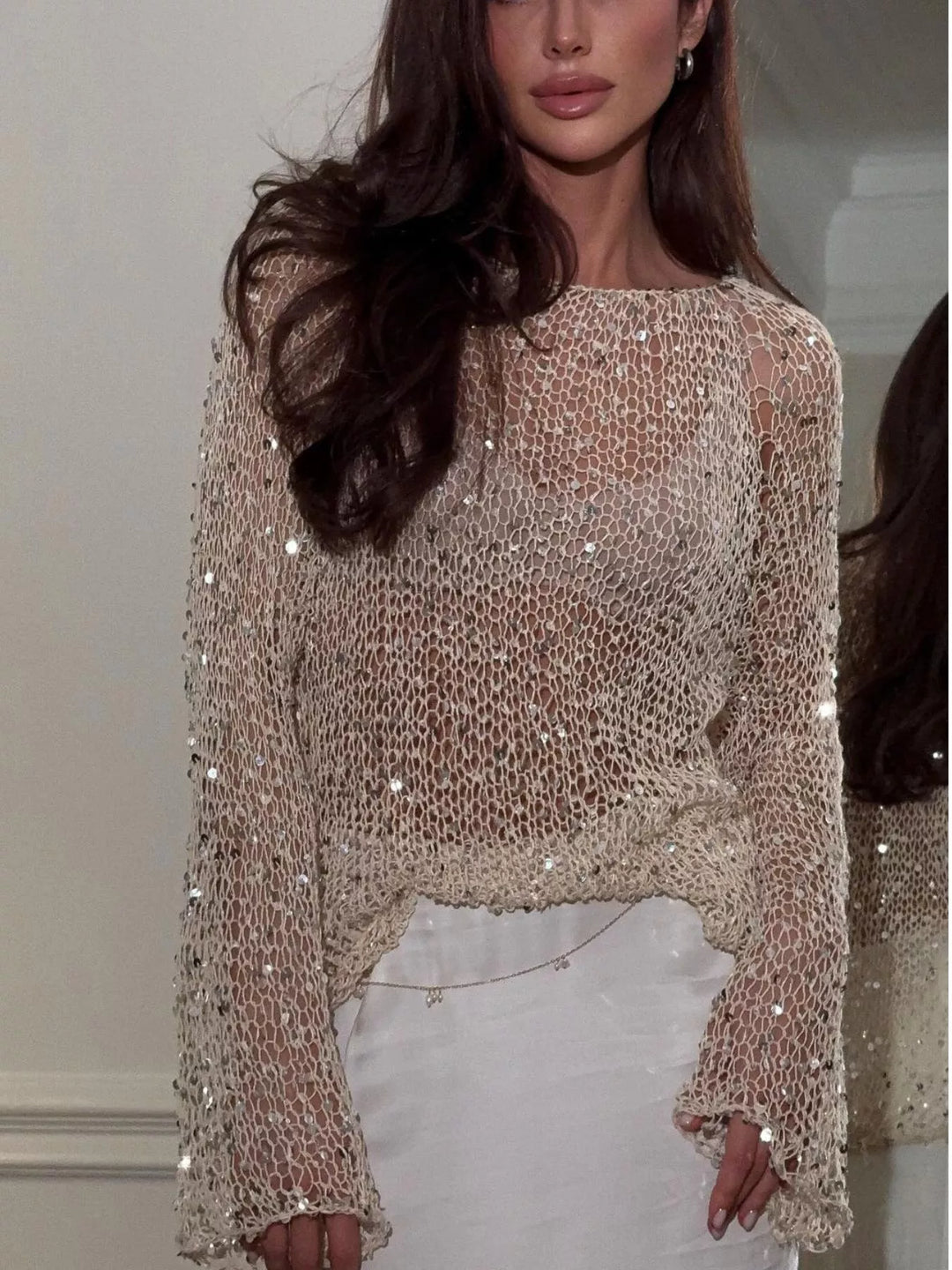 Beige Sequin open-knit long sleeve cover-up pullover