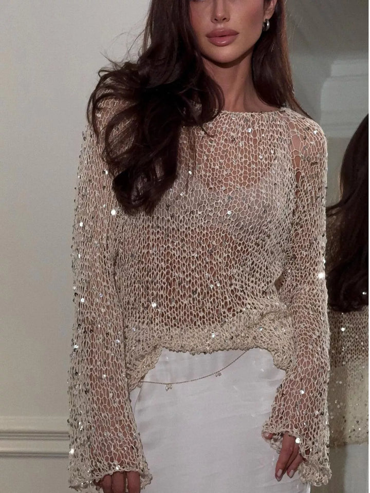 Beige Sequin open-knit long sleeve cover-up pullover