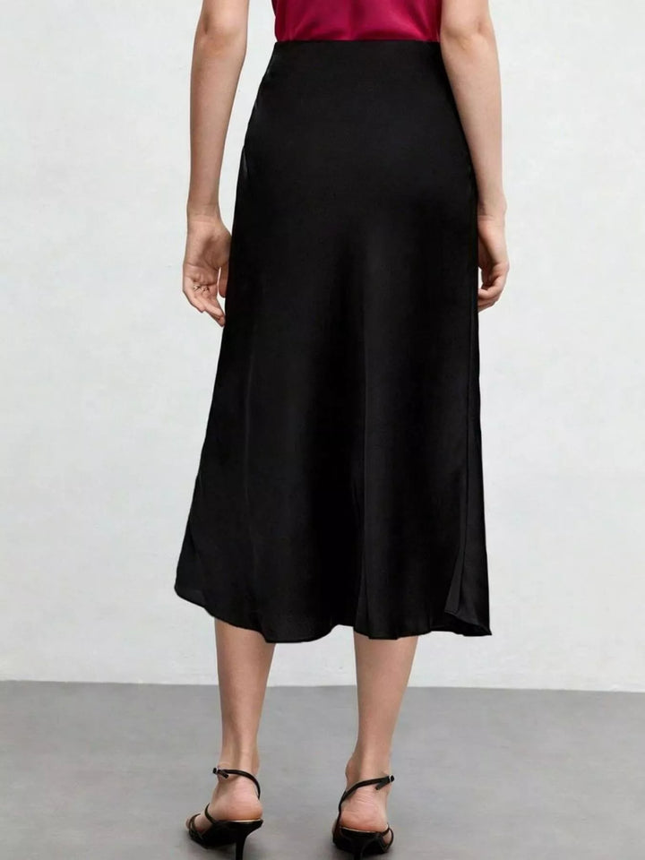 High-waist satin-finish midi skirt with side slit