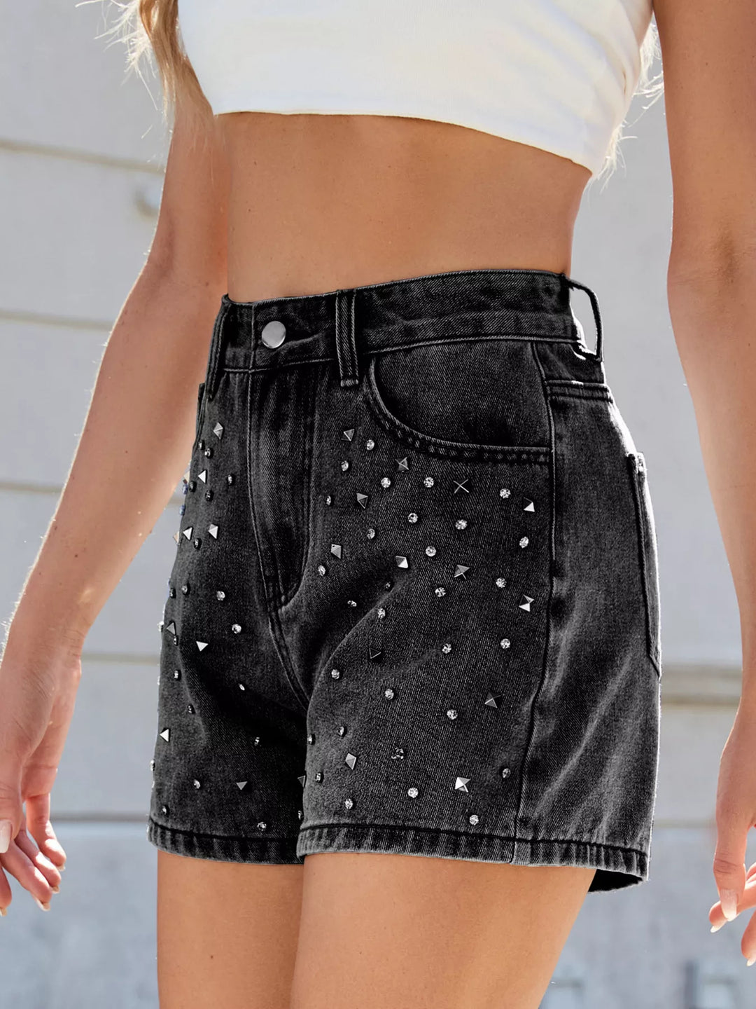 Studded rhinestone high-waist denim shorts