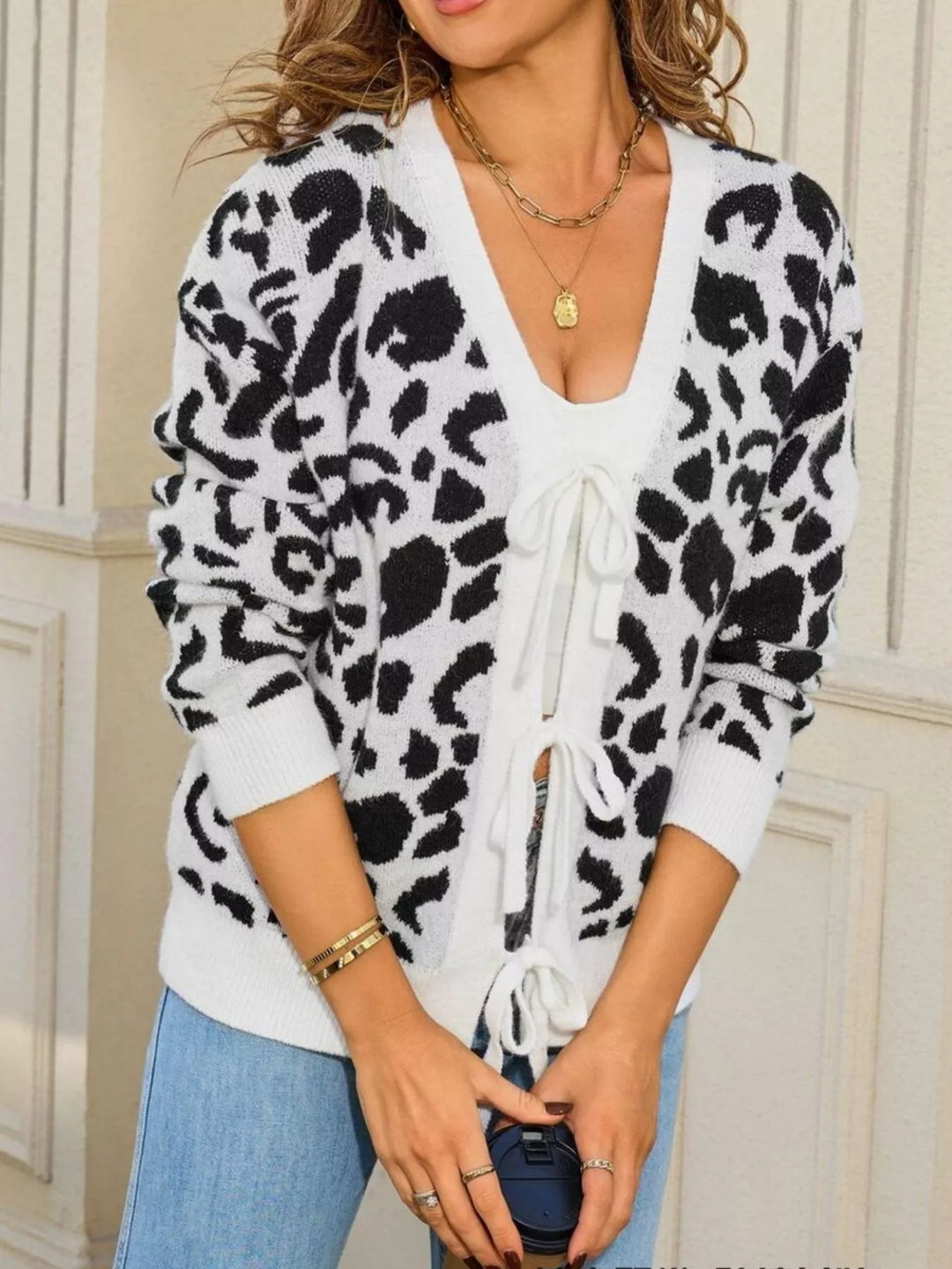 Long sleeve leopard print tie-front knit cardigan