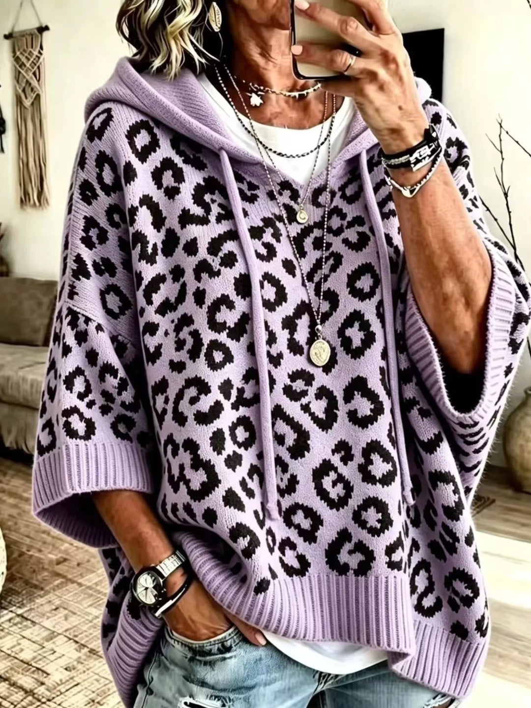 Purple Leopard print drawstring hooded sweater with dolman sleeves