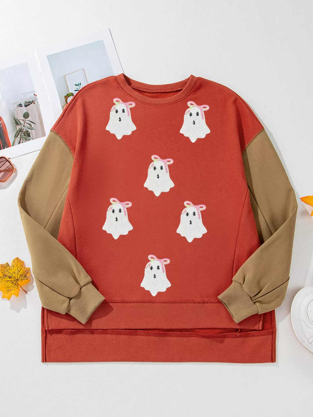 Sequin ghost patch color block crewneck sweatshirt