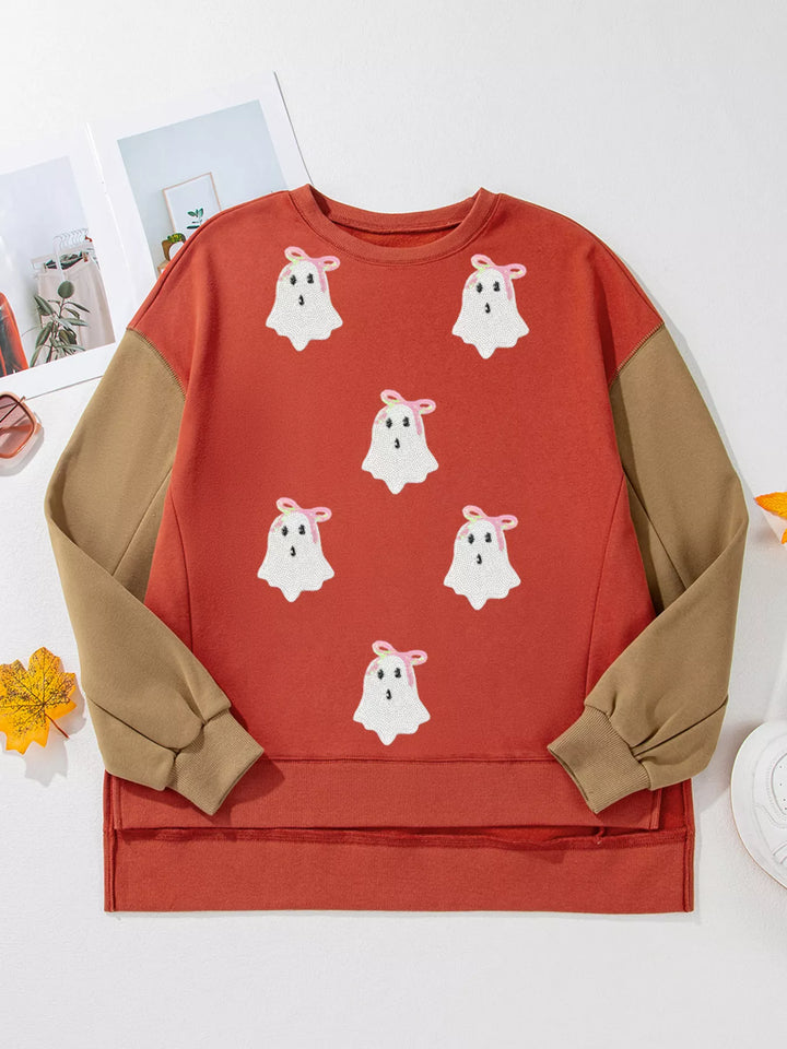 Sequin ghost patch color block crewneck sweatshirt