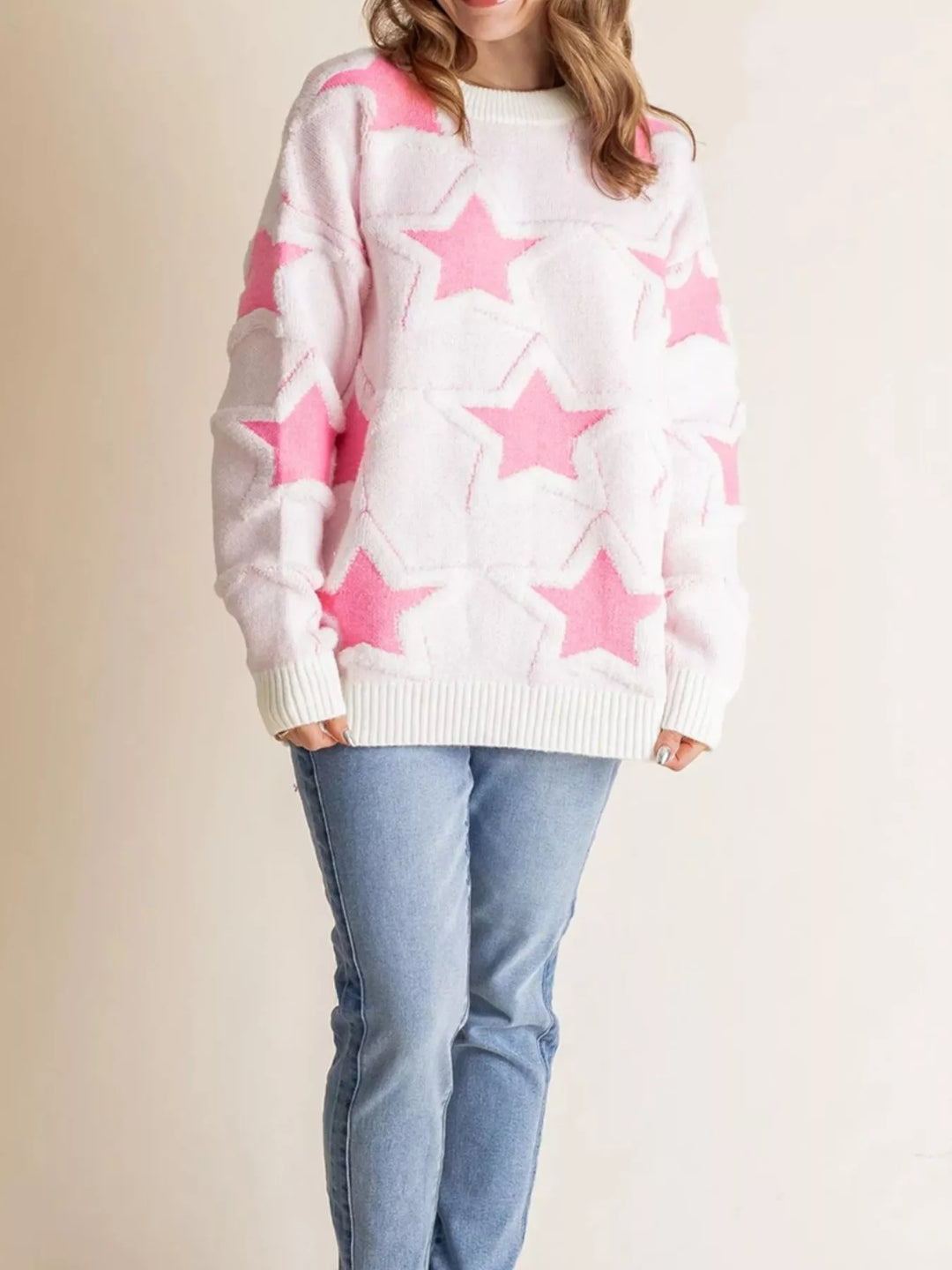 Oversized star knit sweater with drop shoulders and ribbed trim