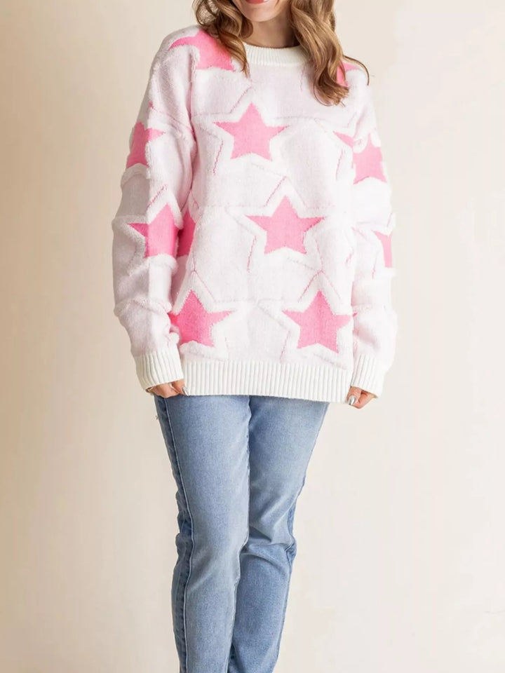Oversized star knit sweater with drop shoulders and ribbed trim