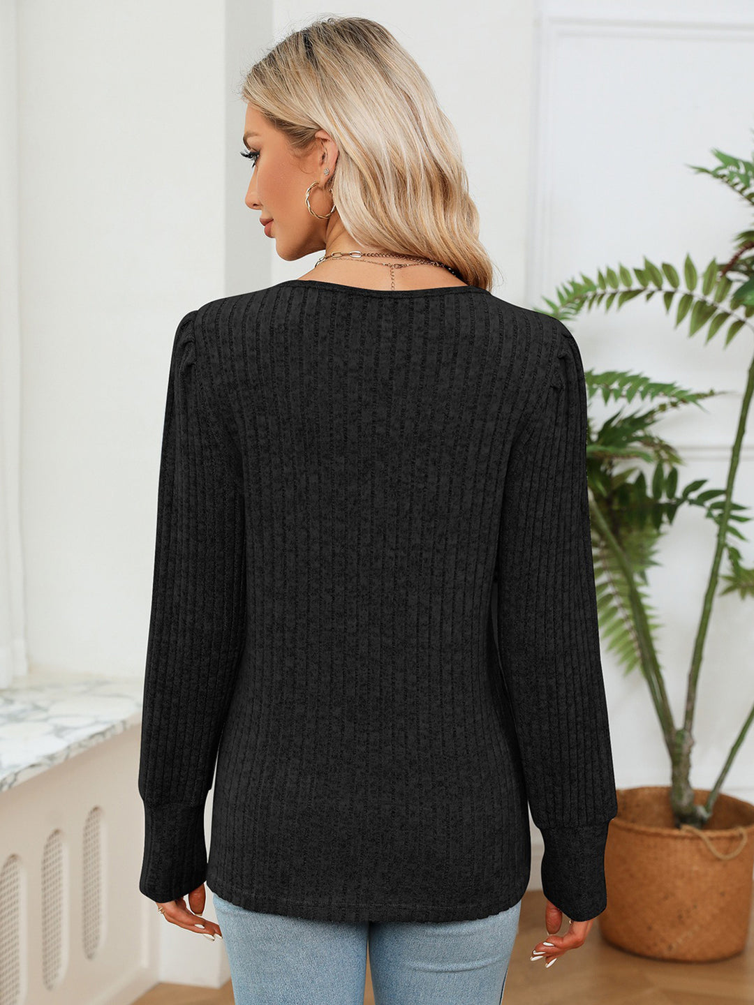 Lace-trim V-neck ribbed knit long sleeve blouse