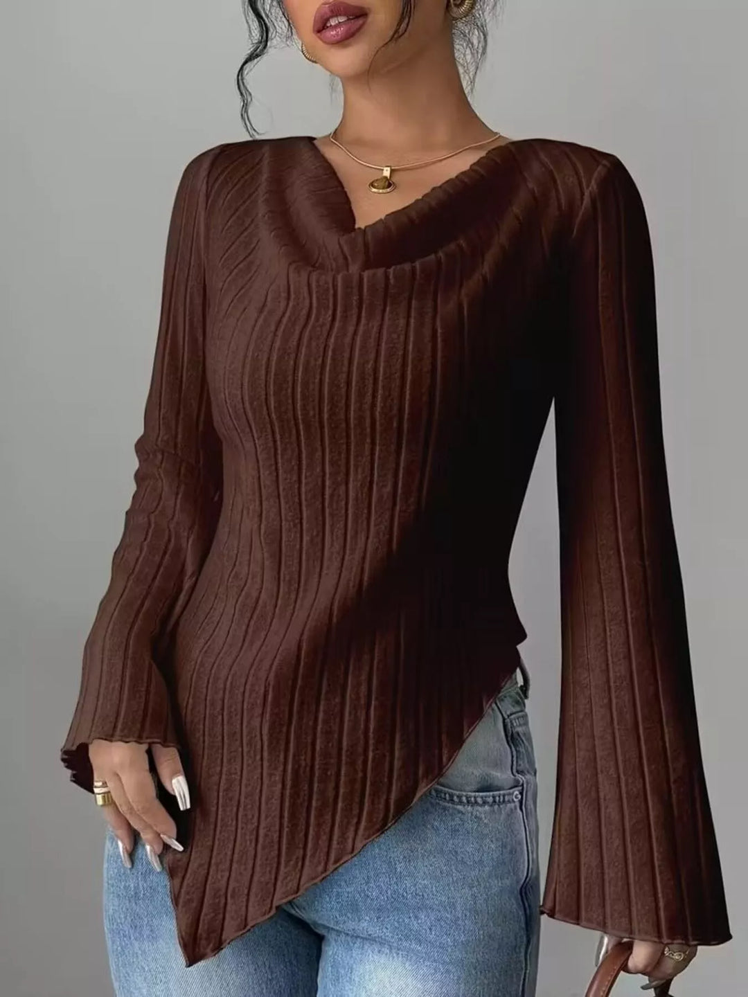 Brown Ribbed knit cowl neck top with asymmetric hem and flared sleeves