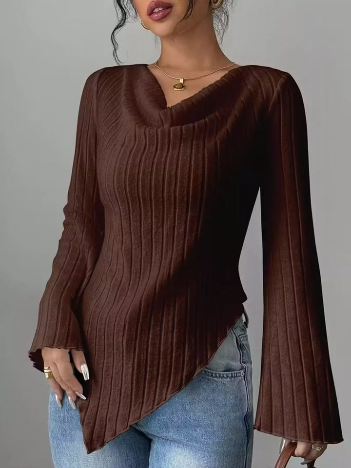 Brown Ribbed knit cowl neck top with asymmetric hem and flared sleeves