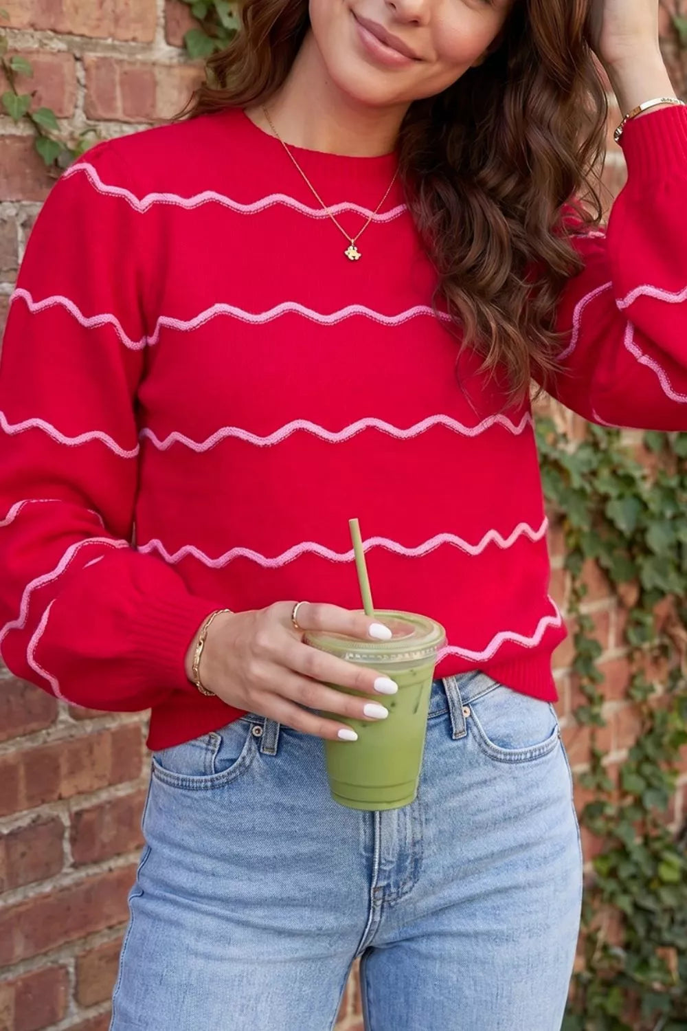 Red Wavy contrast stripe crew neck knit pullover sweater