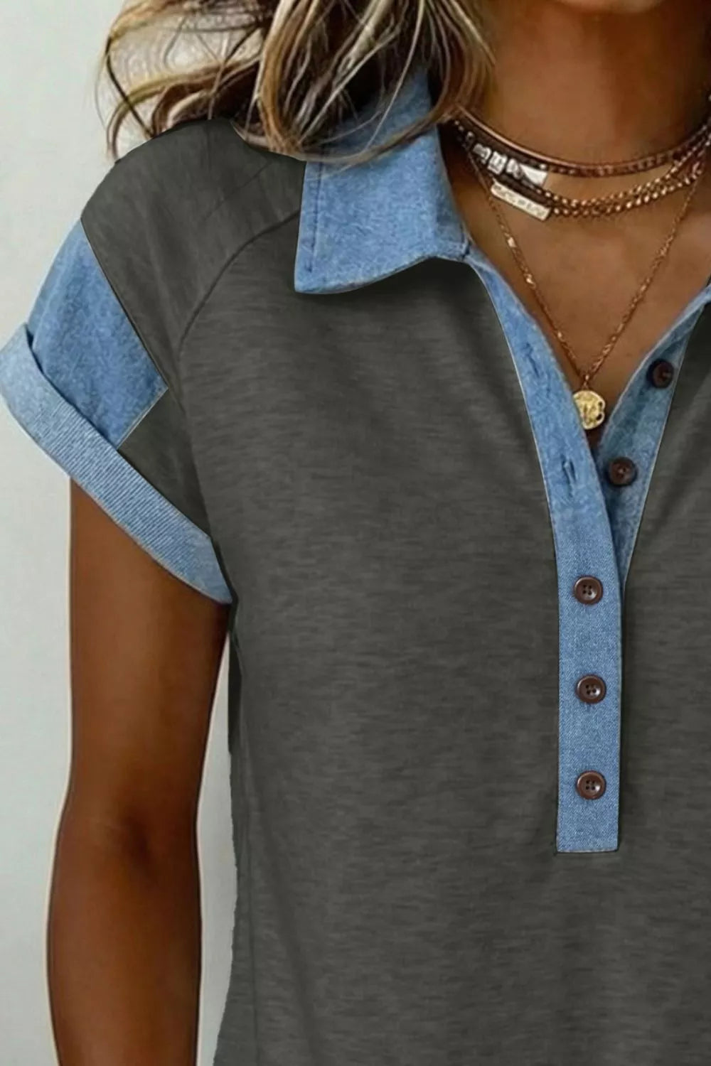 Color block polo tee with denim contrast collar and button placket