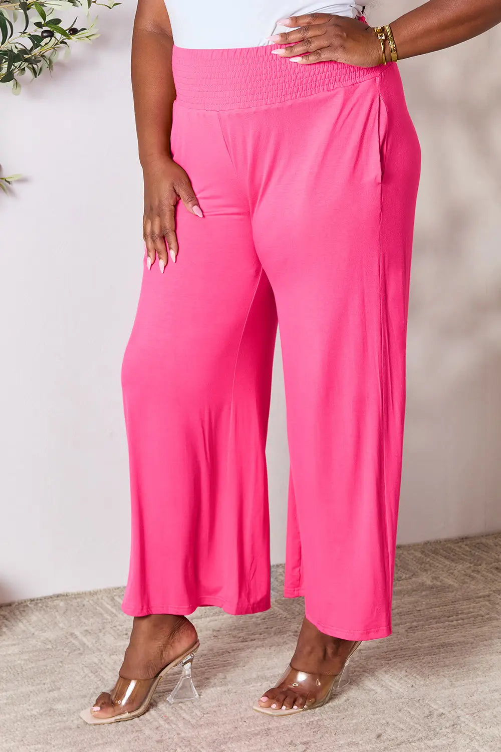Smocked wide-waistband wide-leg jersey pants with pockets