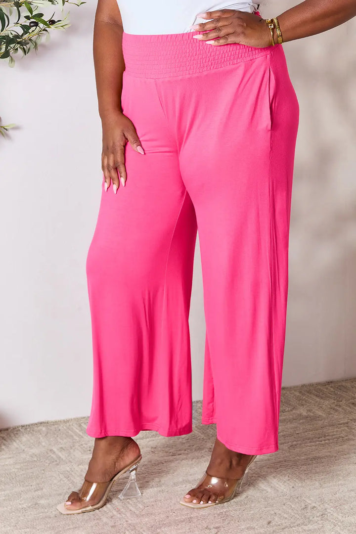 Smocked wide-waistband wide-leg jersey pants with pockets