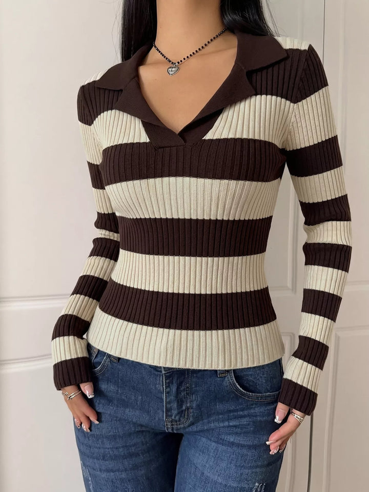 Striped ribbed knit polo collar long sleeve top