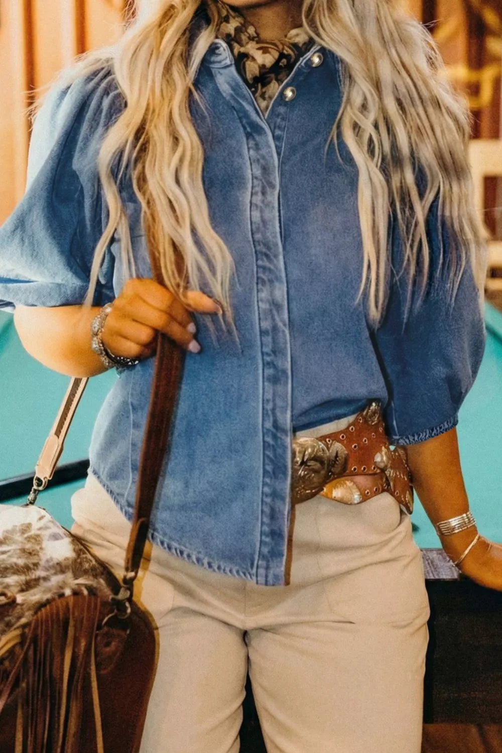 Puff half-sleeve collared denim button-down shirt