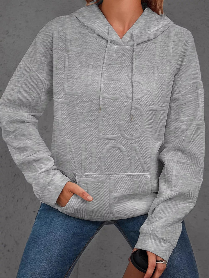Grey Textured embossed letter pullover hoodie with front pocket