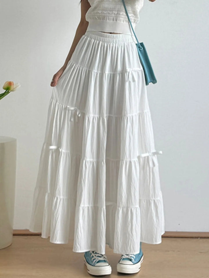 White Tiered bow-accent maxi skirt with elastic smocked waist