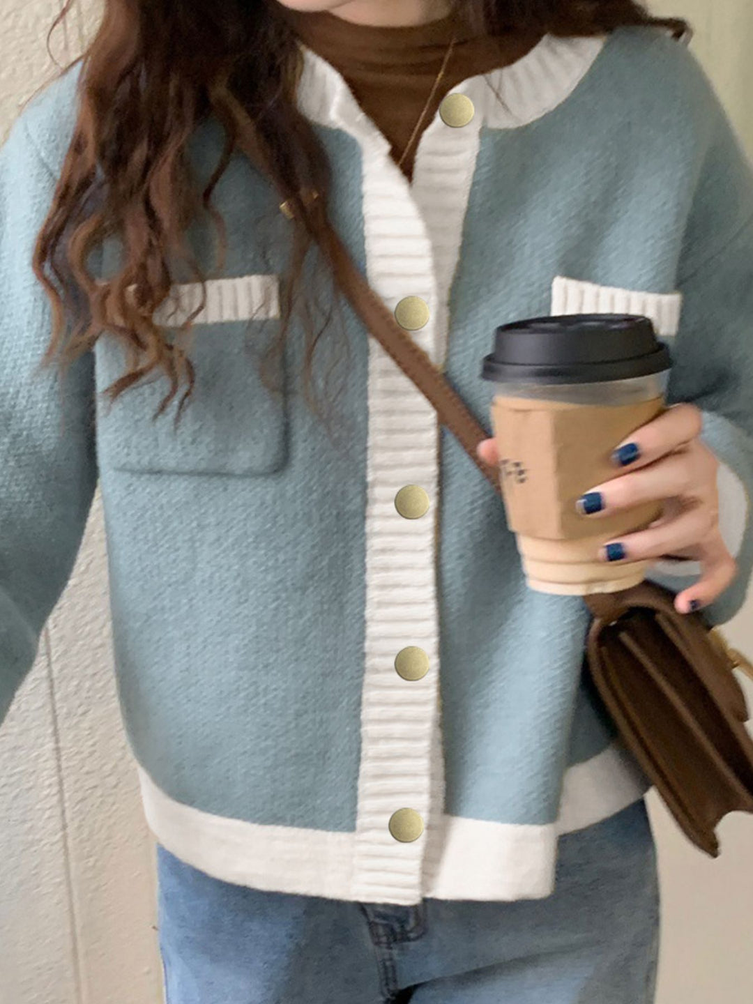Contrast-trim button-up knit cardigan with patch pockets