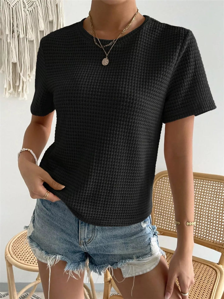 Waffle knit crew neck short sleeve top