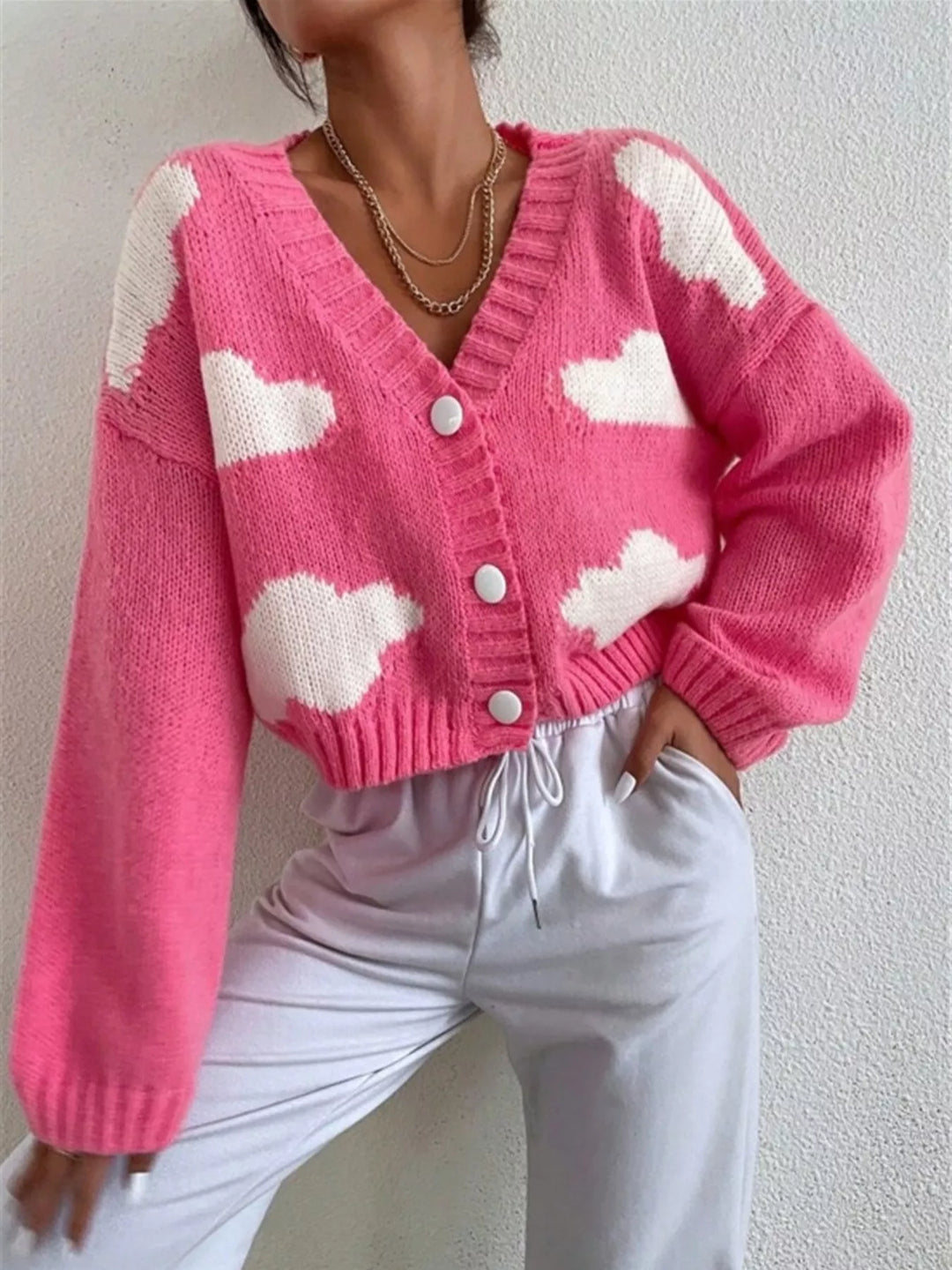 Cropped cloud-print button-up V-neck knit cardigan