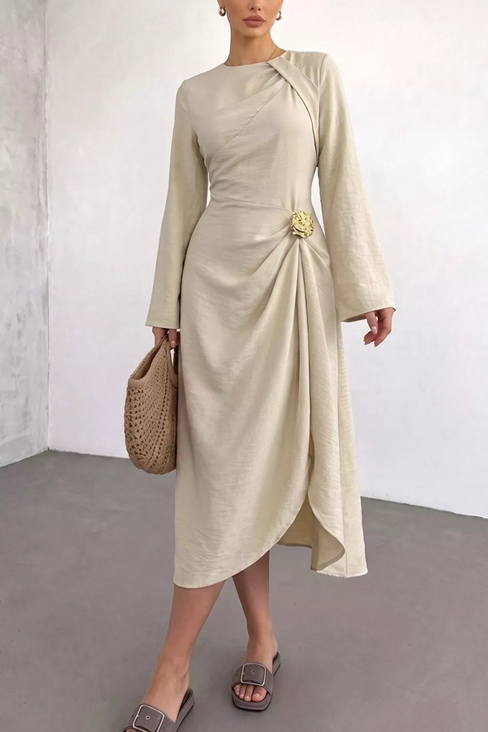 Ruched waist midi dress with rosette and long sleeves