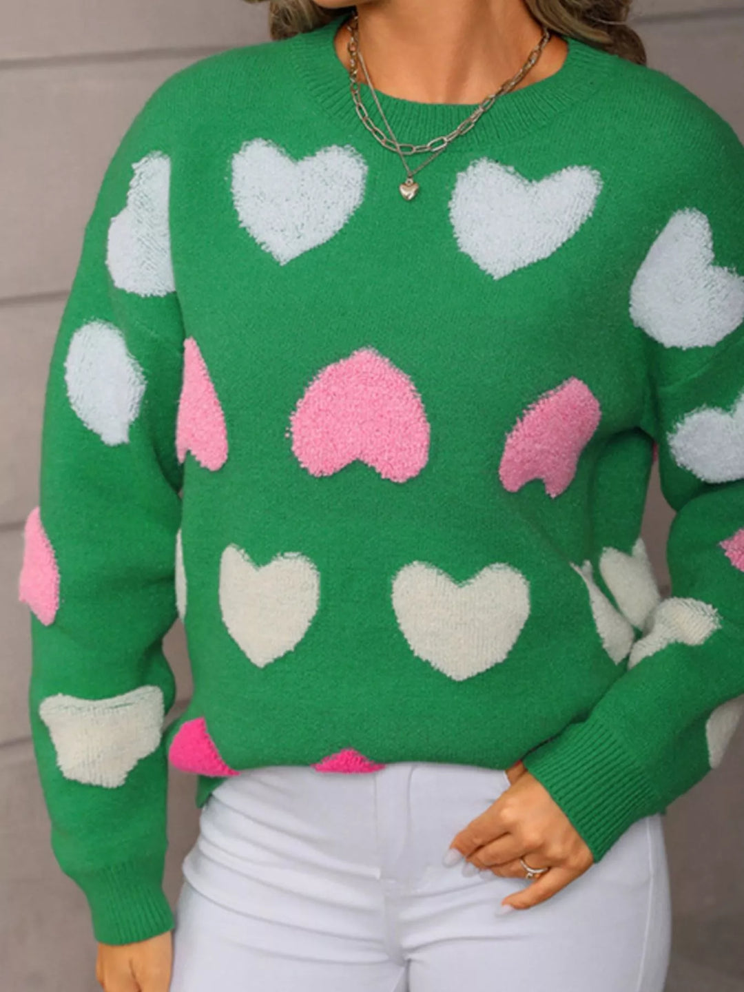 Fuzzy heart color-block crew neck knit sweater