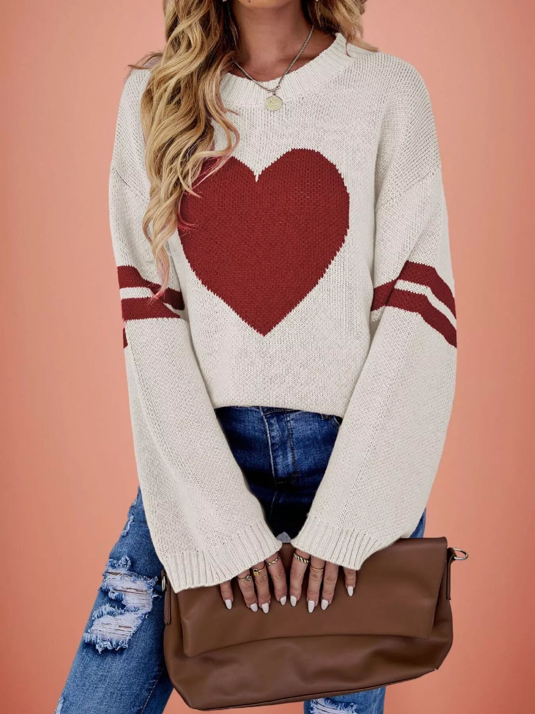 Dust Storm Heart intarsia drop shoulder sweater with varsity stripe sleeves