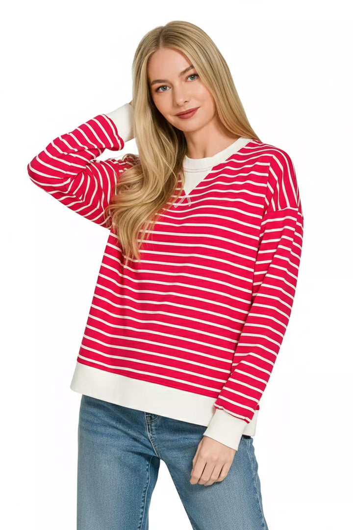 Contrast striped round neck sweatshirt with ribbed trim