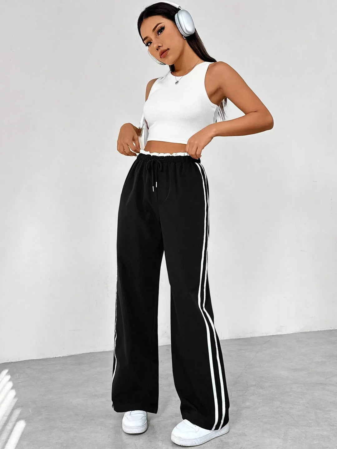 Striped side wide-leg track pants with drawstring waist