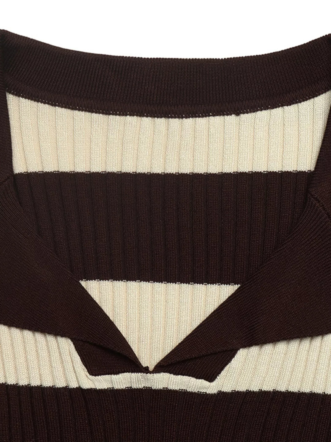 Striped ribbed knit polo collar long sleeve top