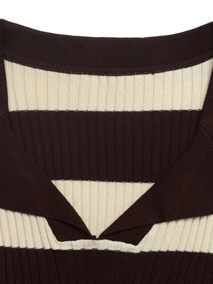 Striped ribbed knit polo collar long sleeve top