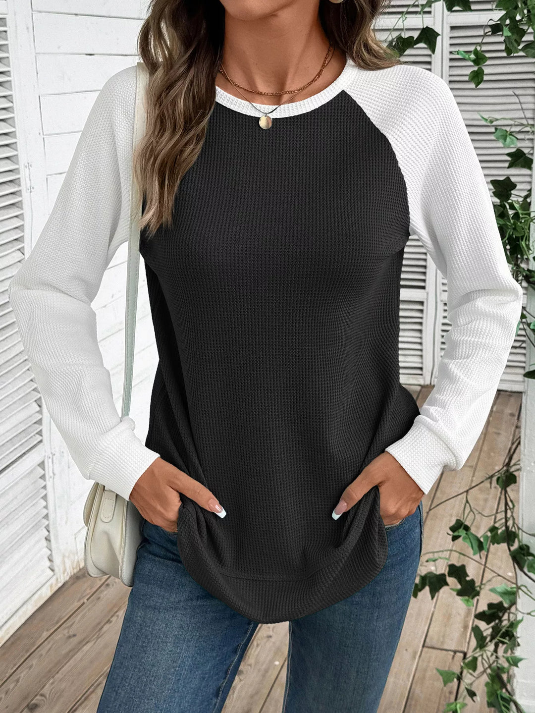Contrast raglan waffle knit long sleeve top