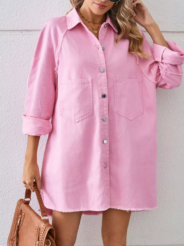 Oversized button-down raw hem denim shirt dress